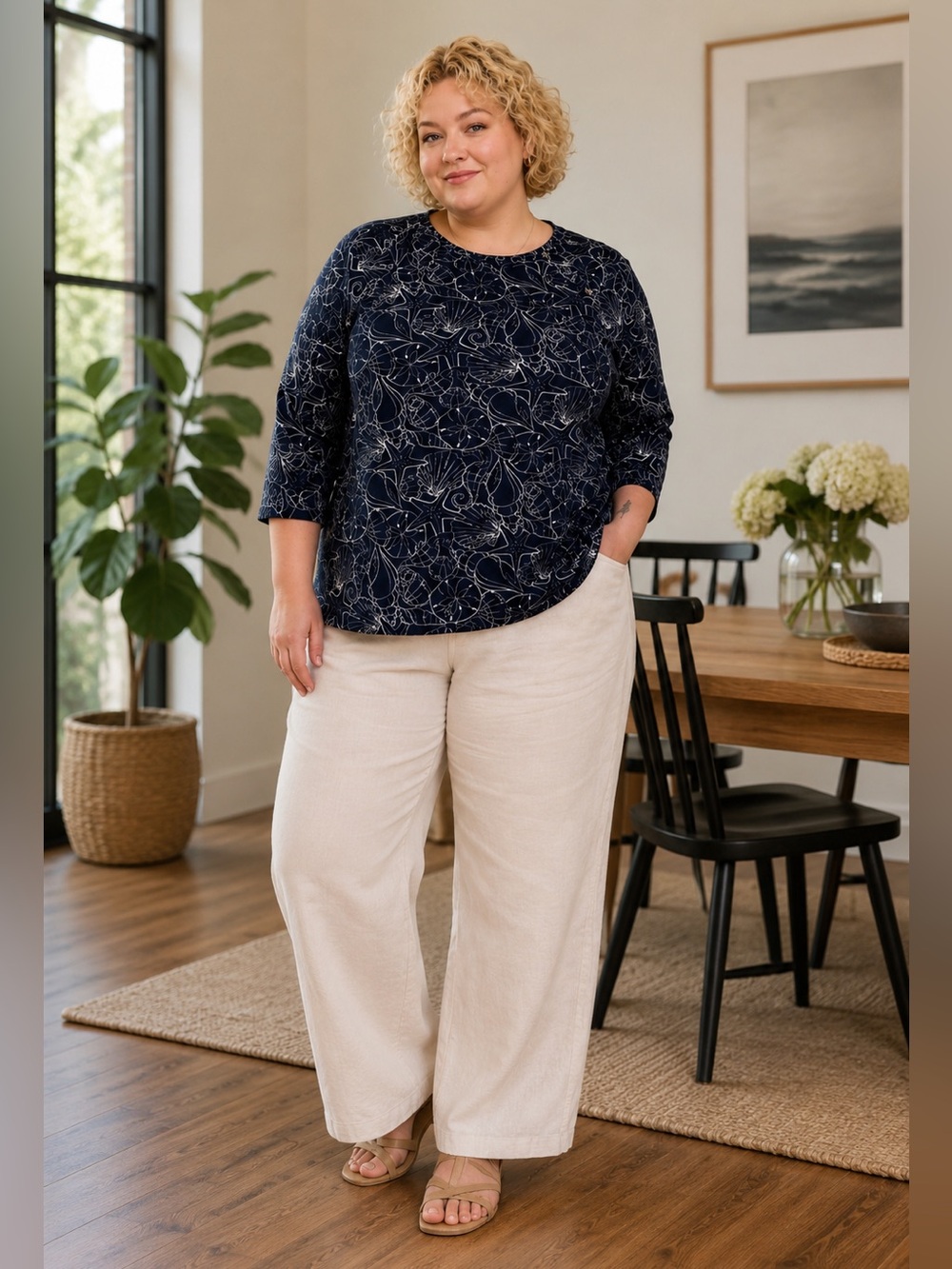 Denim&Co Navy Floral Line-Print Crewneck Top